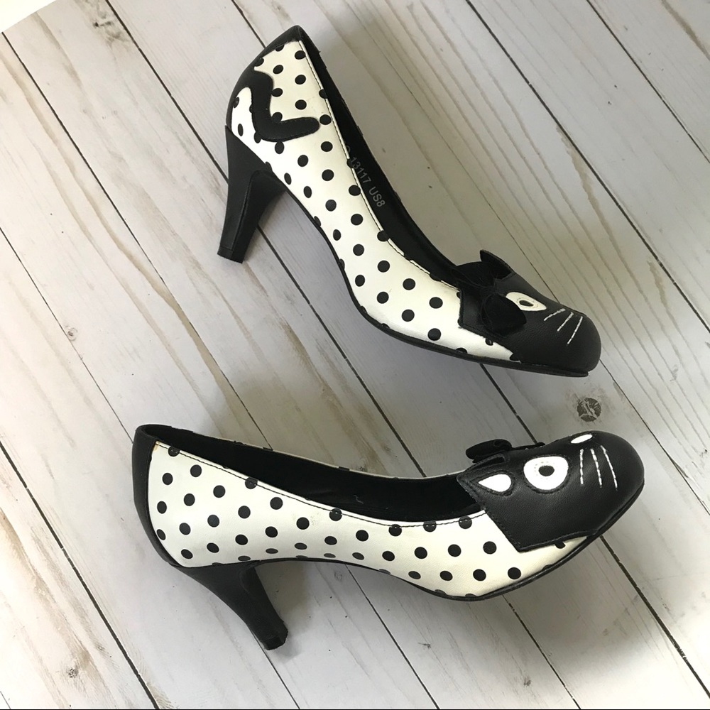 TUK Black and White Polka Dot Cat Heels